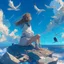 Placeholder: A girl is sitting on the edge of the rocks by the seashore and is meditating. The sky is blue with beautiful clouds and seagulls flying, digital art, anime, 4k, full details