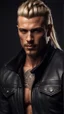 Placeholder: handsome muscular male, long blonde hair pulled back in a pony tail and braided, male age 30, wearing jeans and a leather jacket, tan skin, tattoos,photorealistic 4k dark fantasy