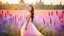 Placeholder: A gorgeous smiling Asian model in a fairy outfit in a field of flowers at sunset a crystal castle at background