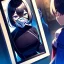 Placeholder: refelection into a mirror, anime girl reflection, wearing a mascerade mask