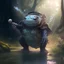 Placeholder: swamp brown toad lizard man belt potion green light, vial green light potion vial on his belt potion, weapon light staff, marshy sparsely wooded area 4k