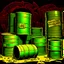 Placeholder: 90's TCG fantasy artwork art of radioactive waste barrels