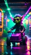 Placeholder: flipped spray paint portrait of Hairy Gremlin pimp ninja yoga cyber punk in flying hipster lawn mower tractor parked in dark neon lit reflective misty wet arcade hall tunnel,bokeh like f/0.8, tilt-shift lens 8k, high detail, smooth render, down-light, unreal engine, prize winning