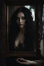 Placeholder: Close up of a beautiful woman with long curly black hair looking at a mirror but her reflection in the mirror is a dark demon with intense scary eyes. Super realistic, 8k high quality