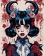 Placeholder: Poster in two gradually, a one side wears a smart shirt which is embroidered with bluered flowers and ornaments, has dark eyes and horns,malevolent goth vampire girl face and other side the Singer Melanie Martinez face, full body, painting by Yoji Shinkawa, darkblue and sepia tones,