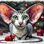 Placeholder: Surreal mixed-media combining wet watercolor, tempera paint, and fine line pen drawing of a wedge shaped face, large ears, green eyed, blue and white mackerel tabby, Oriental Shorthair and a chocolate point Siamese cat sitting together on a blanket with toy red mouse and at xmas time