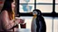 Placeholder: young woman talk to a penguin in coffee-shop