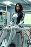 Placeholder: pretty woman, serius mode, black long haired, big bubs, great body, nice legs, shes a hybrid between human and mechanic eagle, dressed with a small robotic white suit, sitting on a technological cube, connected nodes and cables on body and head, to many tentacles araund her, experimental lab, a little no human being on shoulder