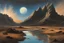 Placeholder: night, mountains, arid land, puddle, 2000's sci-fi movies influence, friedrich eckenfelder and willem maris impressionism paintings