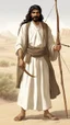 Placeholder: A scene in the desert of a Muslim man from the era of his companions, the Prophet. He is tall, strong in build, and has a cheerful face. He has long black hair, black eyes, and a thick mustache. He has a bow and arrow in his hand