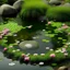 Placeholder: Round pond with lots of water, moss-covered stones all around and the water has a delicate pink shimmer, a few delicate pink flowers on the stones and a small waterfall