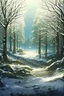 Placeholder: Landscape of a forest path, surrounded by trees and grass, while it's snow everywhere and it's night