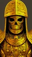 Placeholder: persian human warrior, ancient, helmet, highly detailed game cgi, whole body, Medieval, proud, confident, trippy, ultra detailed, golden armor, center of the picture, medium shot, vector illustration, bunchy, 3d, skull helmet