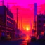 Placeholder: a dystopian street scene with factories and a synthwave sunset