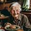 Placeholder: A grandmother eating lunch and smiling at the camera