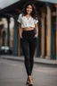 Placeholder: full body standing of a beautiful girl , brunette , frontal face, shy smile, black wavy hair, wearing pants and tight shirt, cinematic, hd, 8k, sharp focus