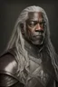 Placeholder: Portrait of a black man, fifty years, wearing a leather armor, long gray hair