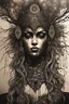 Placeholder: portrait vantblack pouring Acrylic an cyberpunk shaman woman extremely textured botanical-metal faced portrait with a voidcore metal gothica headdress with metallic filigree gothica ornaments around onix stones mineral stone metallic watercolour an black ink filigree silver voidcore shamanism foral ornaments plants and tree branches black ink on half face masque gothica filigree voidcore athmospheric organic bio spiral ökoart creepy stunning