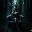 Placeholder: Morena Baccarin as a beautiful sexy dark elf queen seated elegantly on a throne in a mystical forest, dark celtic vignette frame, photo-realistic, cinematic lighting, award-winning photography