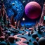 Placeholder: Detailed creepy landscape made of modeling clay, stars and planets, Roger Dean, Tim Burton, strong texture, Ernst Haekel, extreme detail, Max Ernst, decal, rich moody colors, sparkles, bokeh, odd