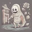 Placeholder: Vintage sheet Ghost animation, rubberhose drawing style, cute ghost with a rose alone on a street, cartoon art, hand drawn, cute horror, overexaggerated