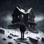 Placeholder: Hyper Realistic black dressed sad man on the top of a mountain & an abandoned dark haunted house at heavy snowfall night