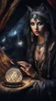 Placeholder: Hyper Realistic photographic-view of Wicked-&-Beautiful-Fortune-teller-with-cat-eyes wearing black-beed-necklace-&-bracelet angrily Looking at her crystal-ball glowing magically & sitting in her tent at dark-night decorated with fancy-traditional-feathers-&-tarot-cards showing dramatic & cinematic ambiance"