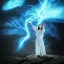 Placeholder: mage wearing white casting a magic spell, shingled rooftop view, projecting a light transluscent sparlky blue shield hologram , dark storm approaching, 8k resolution, high-quality, fine-detail, iridescent, intricate, detailed matte, volumetric lighting, illustration, brian froud, howard lyon, selina french, anna dittmann, annie stokes, lisa parker, greg rutowski, simon stalenhag