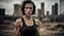 Placeholder: beautiful slender caucasian female technician with a knife, looking away from camera, black tank top, well toned muscles, weathered face, scratched sand camo metal details, short brunette wavy bob haircut, dystopian brutalist city scene