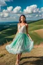 Placeholder: full-body closeup shot of a young, beautiful girl with a perfect face and makeup,wearing pretty dance dress standing in a stage in open air nice green hills , blue sky ,pretty clouds at distant