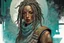 Placeholder: front facing full length portrait illustration of a grunge armored female , beaded dreadlock hair, cyberpunk vampire mercenary wearing an ornate oni noh mask , and shemagh, highly detailed with gritty post apocalyptic textures, caught in a cosmic maelstrom of swirling gases , finely detailed facial features and hair, in the graphic novel style of Bill Sienkiewicz, and Jean Giraud Moebius, ink wash and watercolor with realistic light and shadow