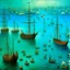 Placeholder: A bluish teal bay with pirate ships painted by Georges Seurat