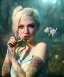 Placeholder: Ultra realistic wonderland photo, happy blonde woman smoking a pipe, blue dress, white rabbit pet, circus dress style, old school tattoo, smoke, marijuana garden, glow eyes, perfect iris, soft color, highly detailed, unreal engine 5, ray tracing, RTX, lumen lighting, ultra detail, volumetric lighting, high definition.