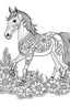 Placeholder: outline art for horse coloring pages with horse and flowers, white background, Sketch style, full body, only use outline, clean line art, white background, no shadows and clear and well outlined