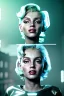 Placeholder: Ultra Realistic sci-fi scene, portrait, blonde woman, sweet Marylin Monroe face, perfect iris, glow eyes, makeup. Aliens background, Retro sci-fi style, helmet, tight latex coat, fog, rain, soft color, highly detailed, unreal engine 5, ray tracing, RTX, lumen lighting, ultra detail, volumetric lighting, 3d, finely drawn, high definition, high resolution.