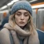 Placeholder: A woman , sad,in the metro in the style of lily-roseDepp, blue, Grey, beige,orange, with a knitted hat, eyes closed