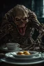 Placeholder: Desayuno con cara asustada atrapado en una jaula, creepy, horrifying, sinister, high lighting, intricate, 8k, macro photography,