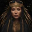 Placeholder: a portrait of a native american woman wearing a glittery, golden halo headpiece crown, and a black and gold, flowy, long-sleeved dress. She is crying golden, glittery tears, background is in outer space, filled with stars, forward facing, close shot, photorealistic art