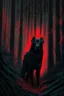 Placeholder: in the style of William Adolphe Bouguereau, a monstrous black dog with red, glowing eyes in a dark forest