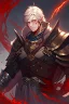 Placeholder: Armored Male Blood Knight Elf by manhwa or korean webtoon style there are lightning and blood spurts around the man, his face pointed at the camera, and with a serious look he lets his opponent know that it's his turn