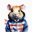 Placeholder: modern composition, adorable hip hamster in a American flag hoodie looking confused, by Alex Maleev and Gerald Scarfe and Zdzislaw Beksinski, watercolour style, negative space, loose brush strokes