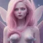 Placeholder: cheerful fairy, big smile, pink, blonde hair, beautiful, whole face, whole top hair head, wide open blue eyes, transparent wings onn the back, hyperrealism, masterpiece, expert, cinematic lighting, sharp focus, 8K, pastel, macro lens, woman, detailed, flower