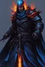 Placeholder: A warrior with a matte black combat helmet and eyes with bright blue flaming pupils, a black cape and a long coat with long combat boots and a long, sharp and fiery spear and with his helmet under his cape and two blue flames instead of eyes