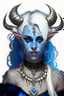 Placeholder: A young tiefling woman with a set of ram horns on her head encrusted with jewels, White-Blonde, medium length hair, black eyes, dressed in white and blue with lots of jewelry, beautiful, satanic tattoos on her neck, she is happy