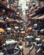 Placeholder: Junk city, street view, many robots in a market, macro photography,