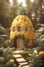 Placeholder: A pineapple shaped organic house design in the fairy garden, adorable, beautiful modern house design, beautiful environment flowers around the house, soft sunlight, winter season, photo real, realistic