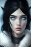 Placeholder: Young lady who is black witch and has Black hair with a white tuft in the front and great bower and snow skin and light blue eyes