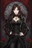 Placeholder: A confident looking young woman with pale skin and long brown hair in a dark fantasy setting with intricate details. She is wearing black and read leather, has red eyes, an air of malevolent power surrounds her. Anime style. High definition.