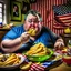 Placeholder: patriotic repulican fat american eating fries in his super messy kitchen HD