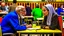 Placeholder: A teacher in the university cafeteria looks at an old man around the age of 60 sitting at another table next to hers, Egyptian complexion.